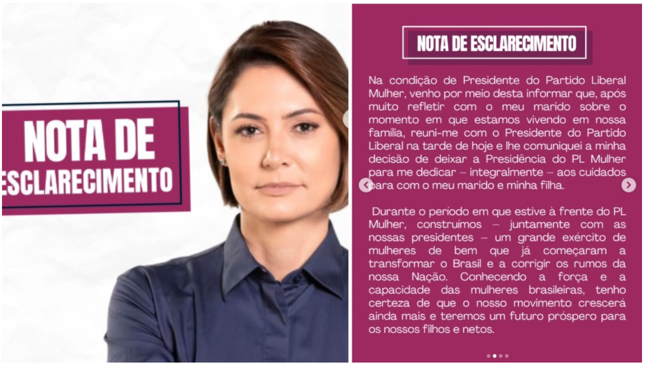 Na mensagem divulgada após a reunião, Michelle afirmou que a decisão foi tomada após conversas com Jair Bolsonaro sobre o momento vivido pela família.