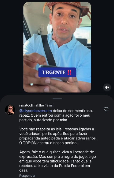 Em publicação nas redes sociais, o presidente do Partido Novo, Renato Cunha Lima, chegou a chamar Allyson Bezerra de mentiroso, afirmando que quem entrou com a ação foi verdadeiramente o partido que ele representa.