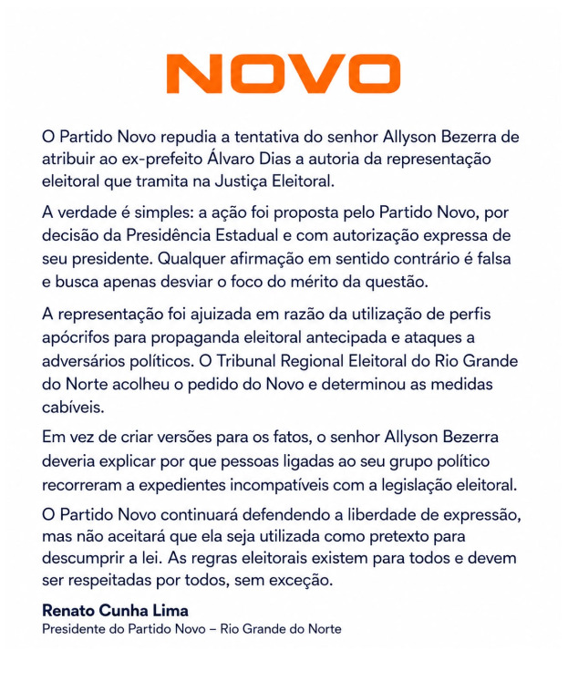 Em nota oficial, o Partido Novo rebateu a declaração e afirmou que a ação foi proposta exclusivamente pela legenda, por decisão da direção estadual.
