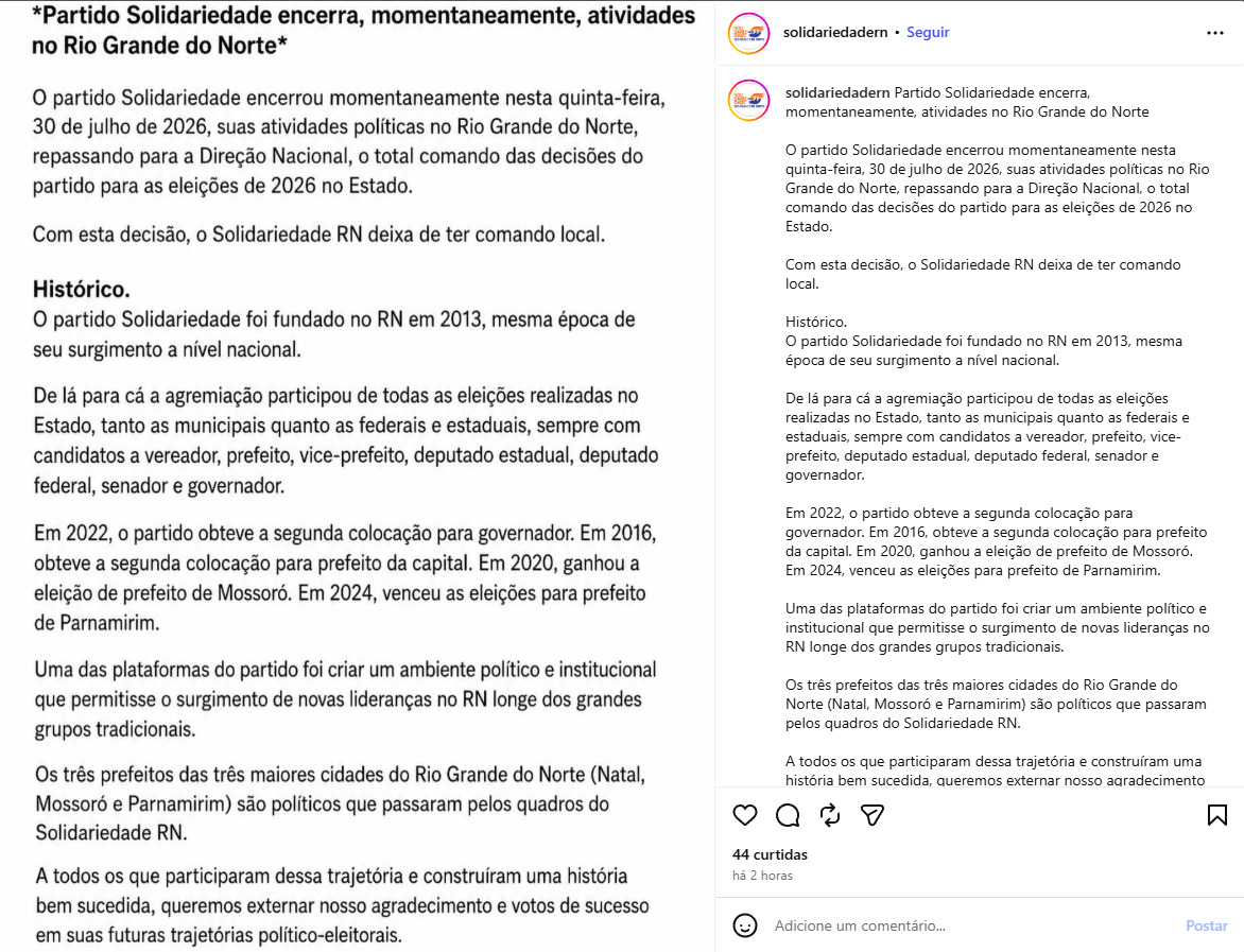 A nota não informa os motivos da medida nem estabelece prazo para a retomada das atividades da direção estadual.