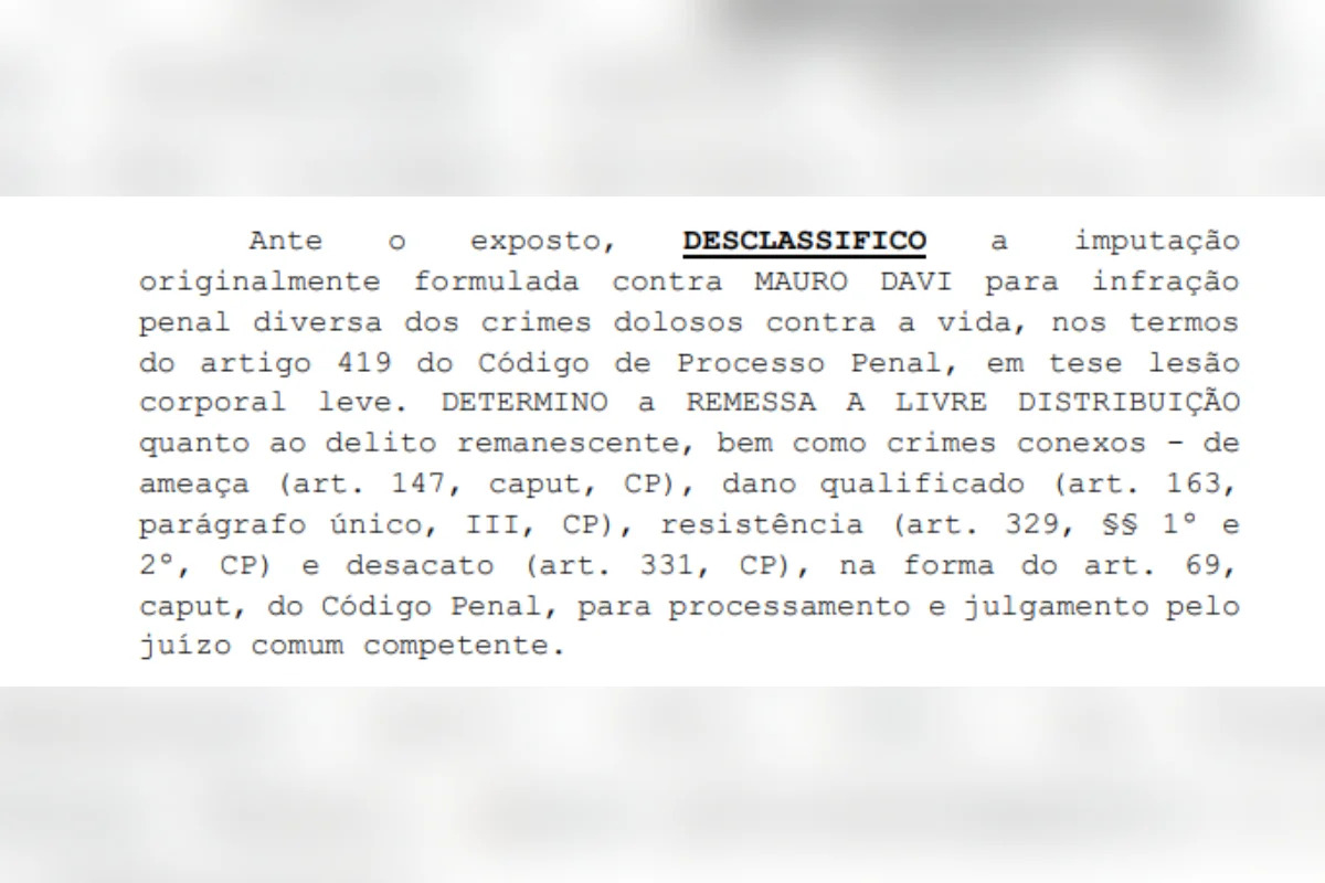 A magistrada determinou a remessa dos autos para uma Vara Criminal comum, uma vez que não há mais a figura de crime doloso contra a vida.