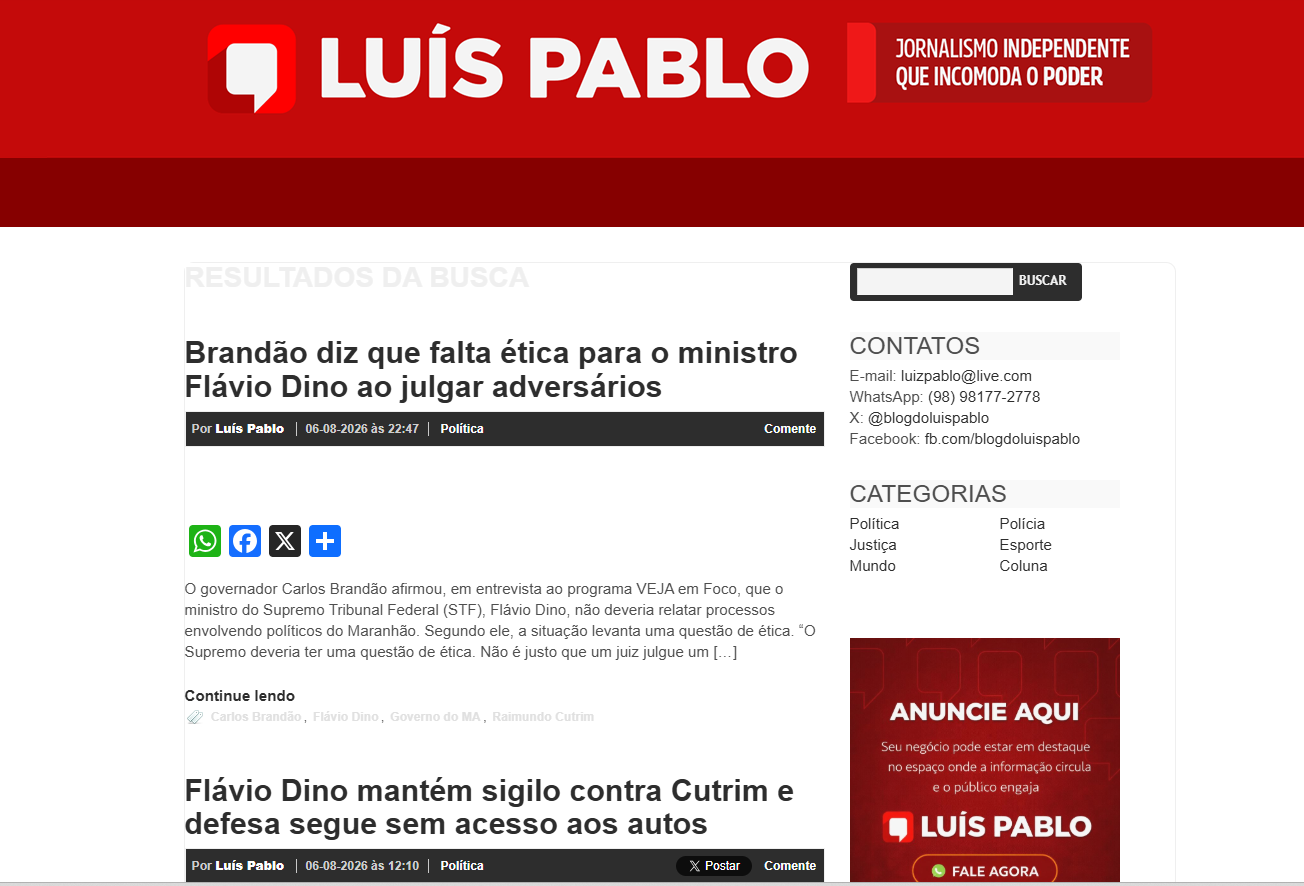 A investigação envolve publicações do blogueiro Luís Pablo sobre Flávio Dino e sua família e apura suspeitas relacionadas ao monitoramento de informações sobre a rotina e a segurança do ministro.