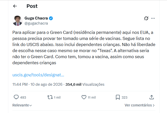 Guga Chacra, por sua vez, destacou que existe uma diferença entre as regras para matrícula escolar em cada estado americano e as exigências relacionadas ao processo de obtenção de residência permanente nos Estados Unidos, o chamado Green Card.