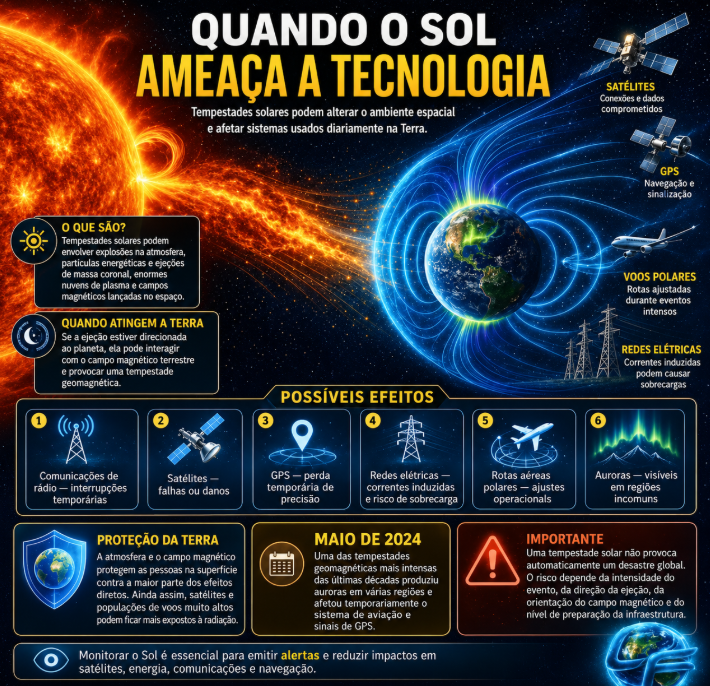 Um dos efeitos mais conhecidos é o surgimento ou a intensificação das auroras boreais, que podem ser observadas em regiões mais ao sul do que o habitual quando a atividade geomagnética aumenta.