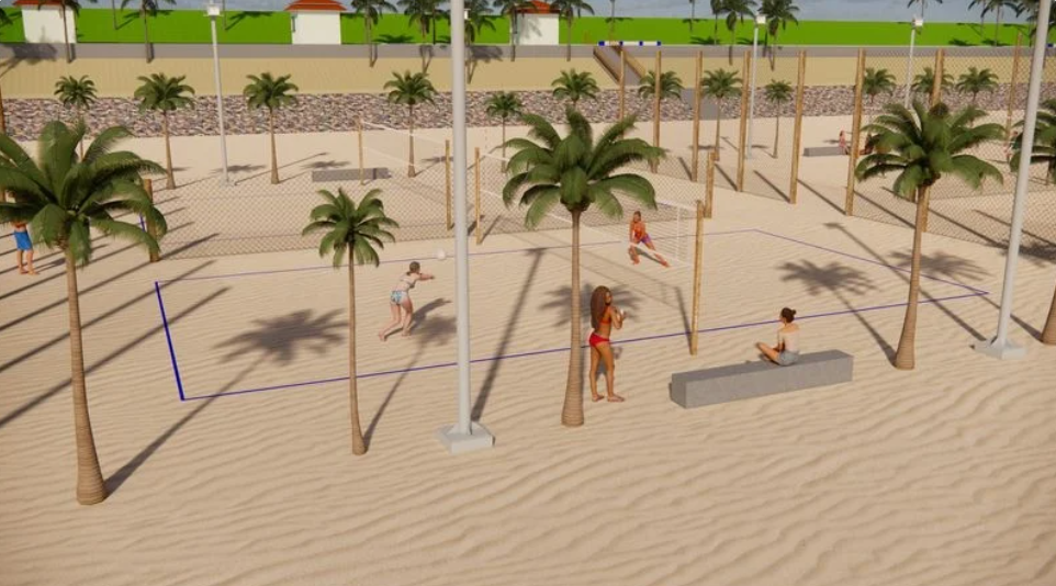 O projeto prevê 12 quadras esportivas destinadas à prática de vôlei de praia, futevôlei e beach tennis.