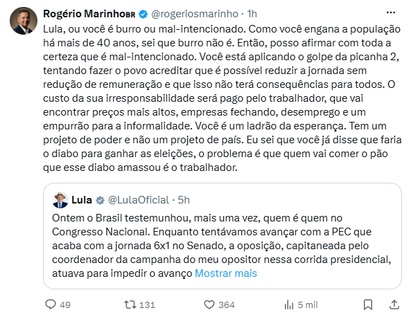 Print da publicação feita por Marinho. Foto: Print X