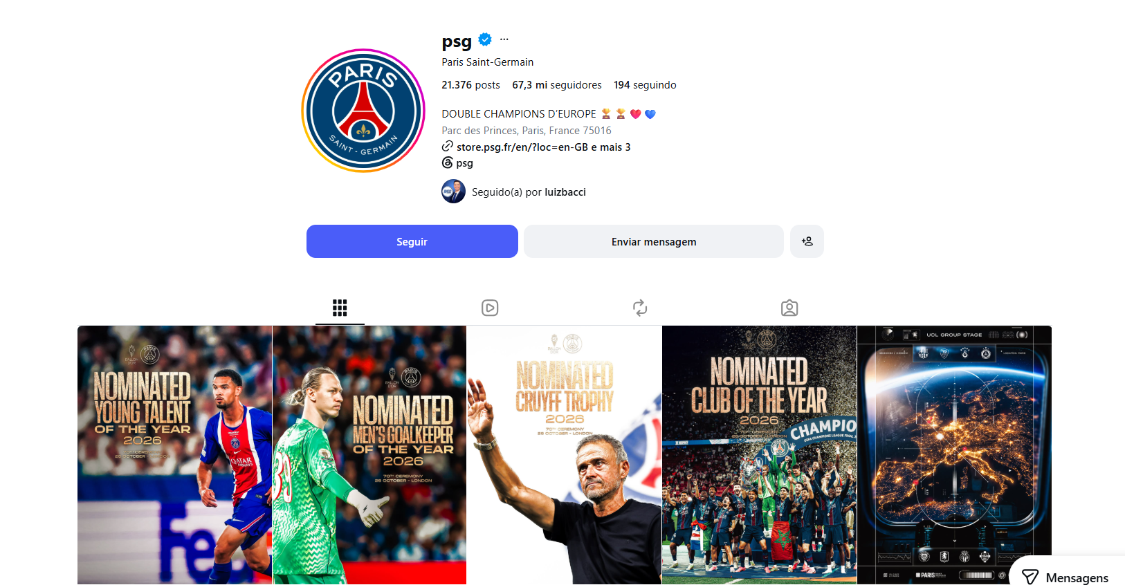 Atual campeão da Champions League, o Paris Saint-Germain chega à disputa pelo prêmio depois de uma temporada de grande domínio no futebol europeu.