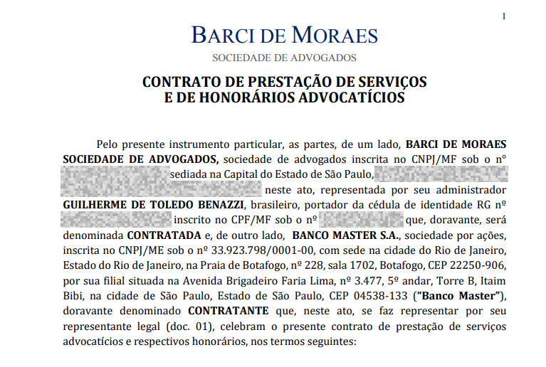 O documento original permite que o leitor tenha acesso direto às cláusulas que estabeleceram a relação entre o Banco Master e o escritório Barci de Moraes.