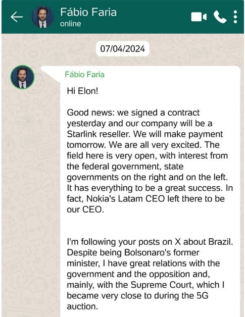 Conversa entre Fábio e Daiel Vorcaro sobre aproximação entre Musk e Moraes - reprodução do UOL