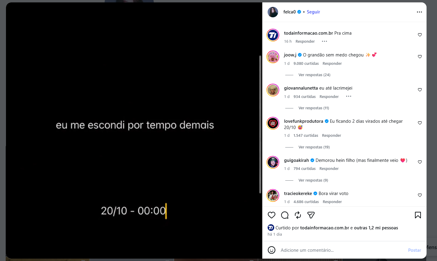 A publicação foi feita sobre um fundo preto, com a frase “eu me escondi por tempo demais”.