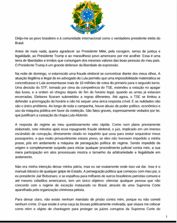 Na quarta-feira (28), Flávio divulgou uma carta na qual afirmou que pretende assumir a liderança da oposição brasileira mesmo estando fora do país.